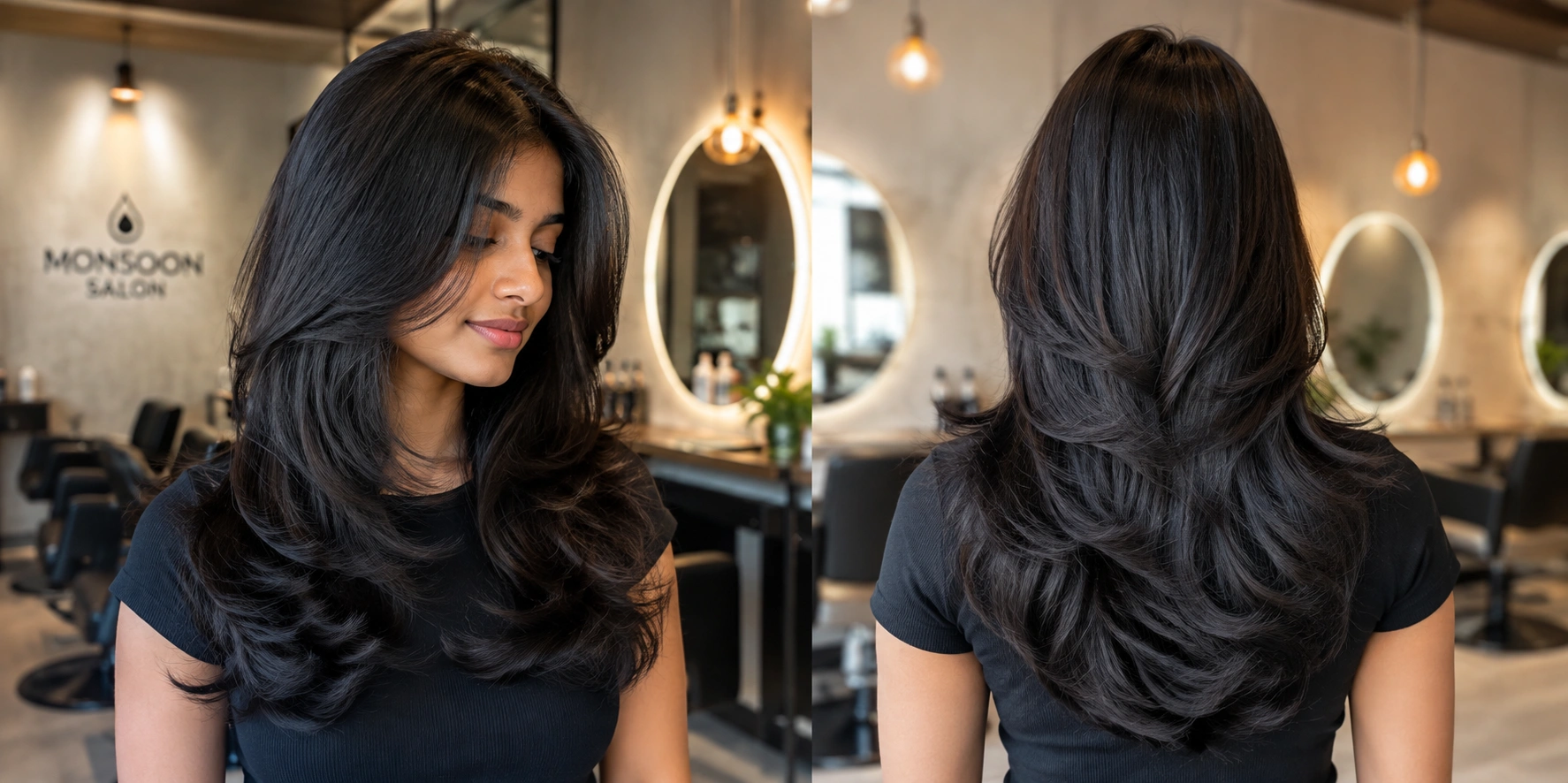 Young South Indian woman with a stylish layered haircut at a modern salon in Anna Nagar, Chennai, showcasing a professional hair cut at Monsoon Salon.