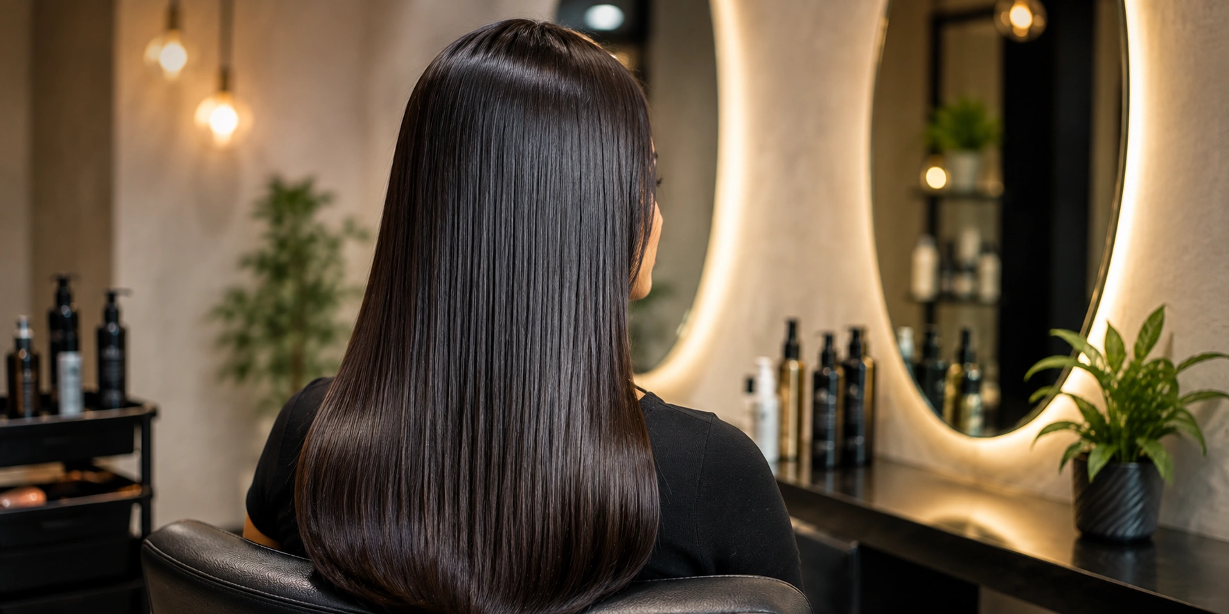 Young South Indian woman with long, sleek, glossy dark hair after a professional keratin hair treatment, seated in a modern salon in Anna Nagar, Chennai.