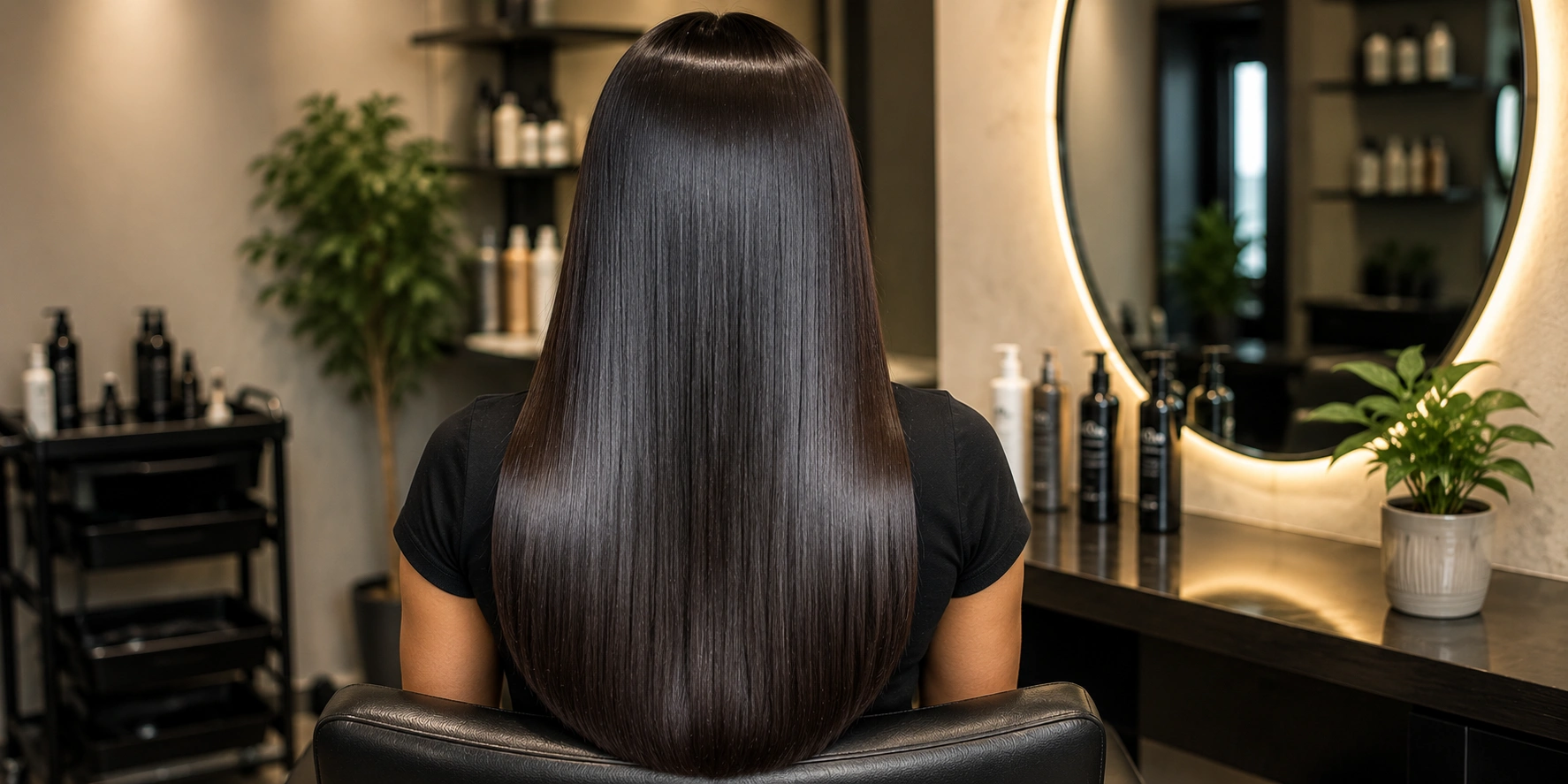 Young South Indian woman with long, smooth, glossy dark hair after a professional hair botox treatment, seated in a modern salon in Anna Nagar, Chennai.