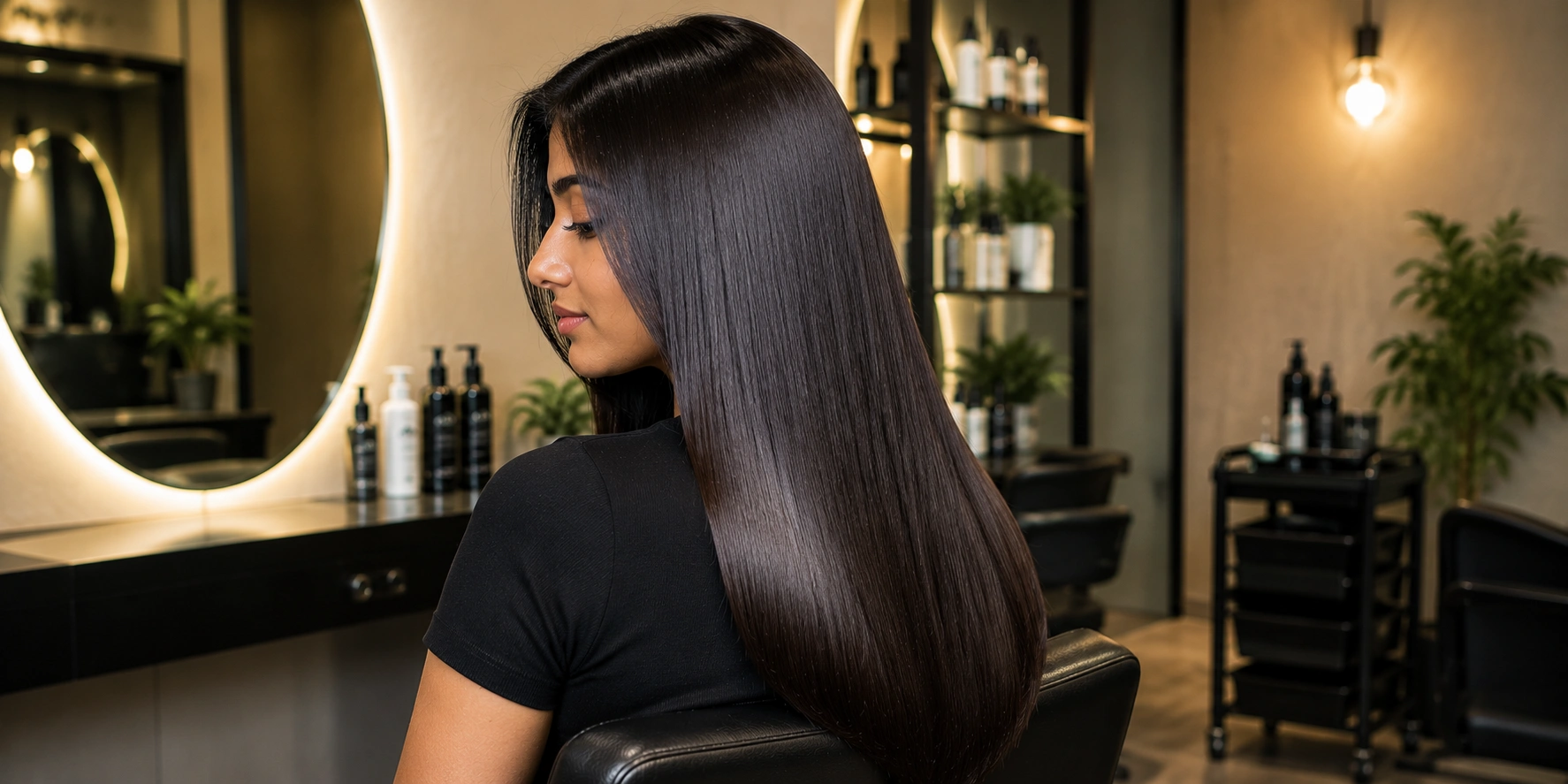 Young South Indian woman with long, sleek, glossy dark hair after a professional nanoplastia hair treatment, seated in a modern salon in Anna Nagar, Chennai.