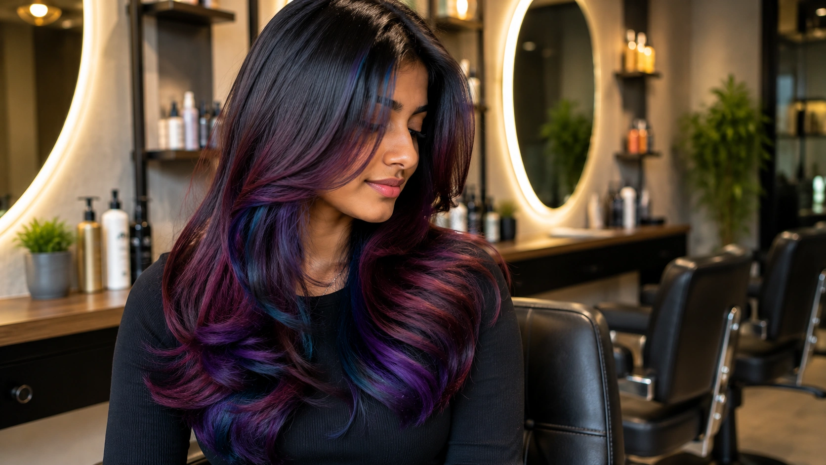 Young South Indian woman with long, glossy, colorful purple, magenta and blue highlighted hair seated in a modern salon in Anna Nagar, Chennai, showcasing a vibrant professional hair color transformation at Monsoon Salon.